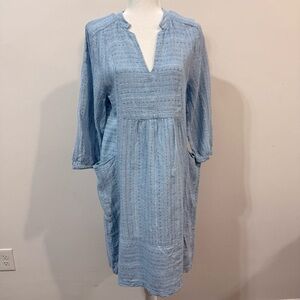 Poetry Blue V-Neck with Pockets Cotton Linen Blend Modest Midi Dress Size 8